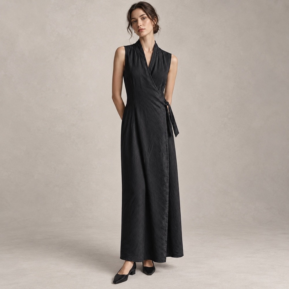 J. Jill 100% Silk Wrap Maxi Dress Crinkle Black Minimalist Goth Old Money S EUC